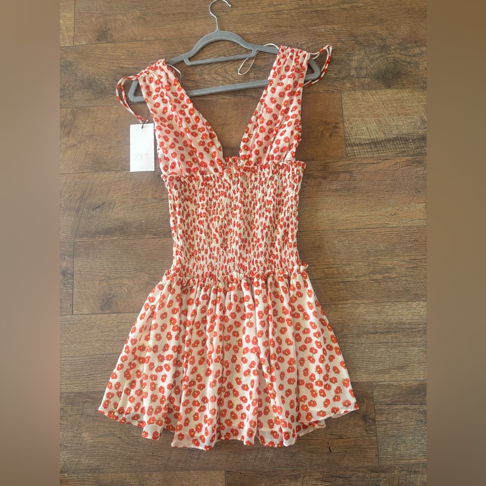 Zara Cream Mini Dress with Red Floral Print